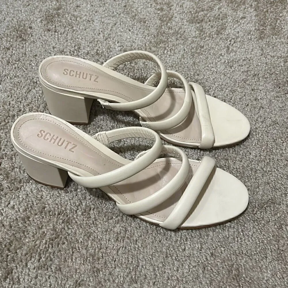 Schutz Women's 11 Block Heel Leather Strappy Slip On Sandals Ivory Cream New
